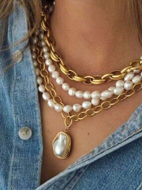 New! Gold Pearl Necklace Stack Set NWOt